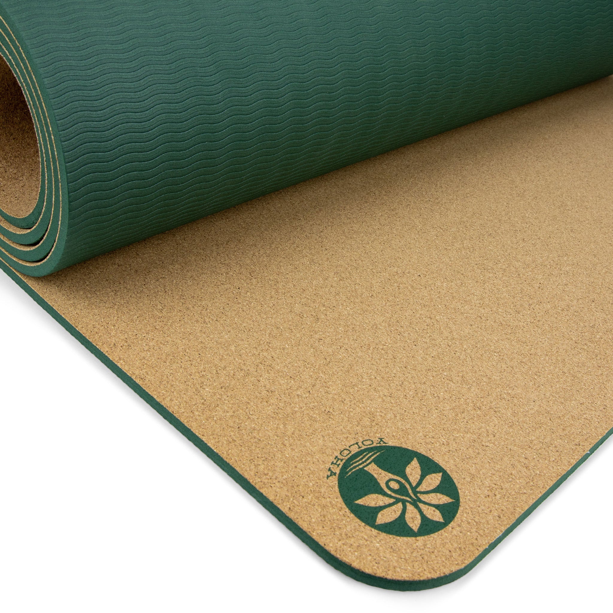 The New Premium Aura Cork Yoga Mat featuring a green design and a fine-grain cork surface for superior grip.