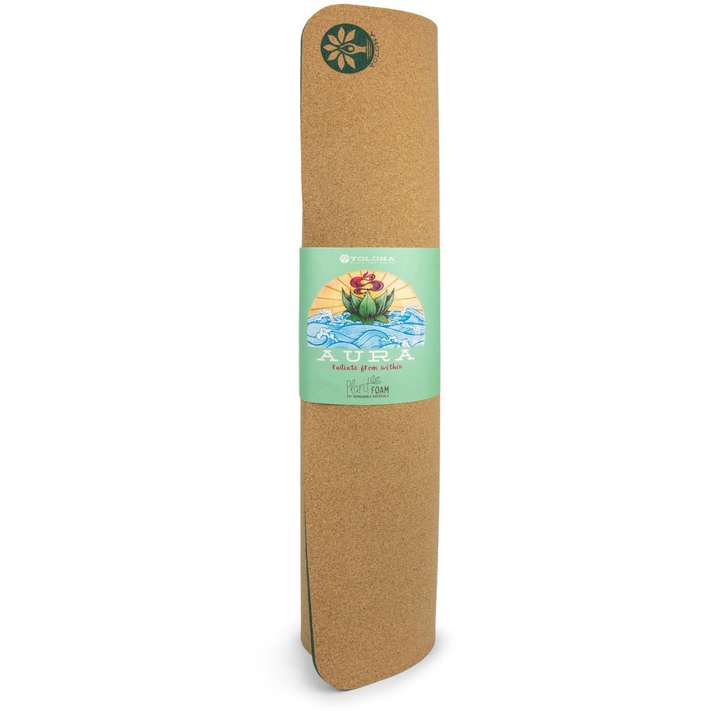 The New Premium Aura Cork Yoga Mat rolled up with floral design.