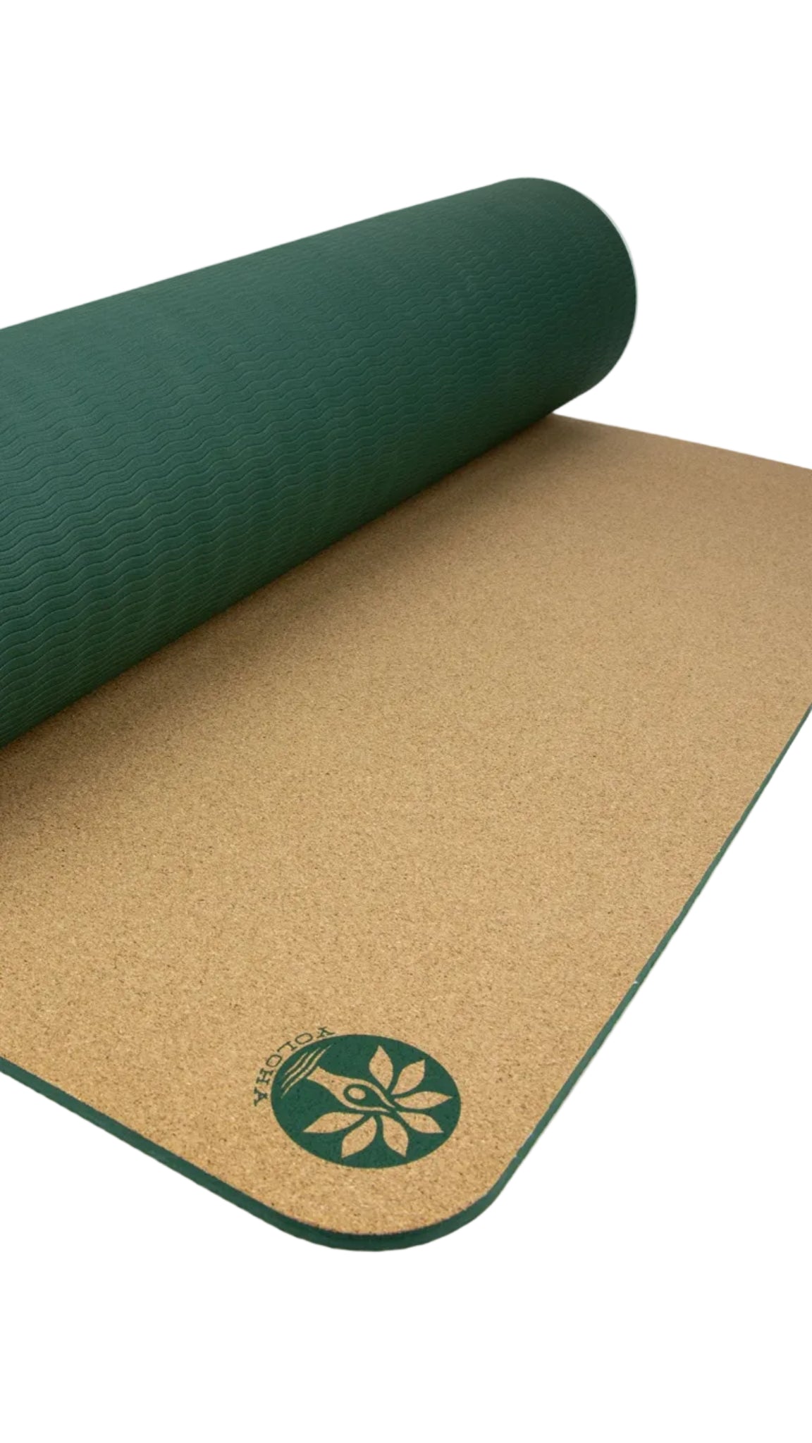 The New Premium Aura Cork Yoga Mat demonstrating a green rolled-up yoga mat with a cork surface.