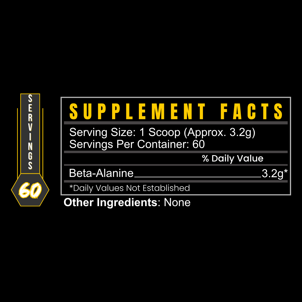 Supplement Facts for BETA ALANINE POWER FROM BLACKLABEL SUPPLEMENTS showing serving size and daily value.