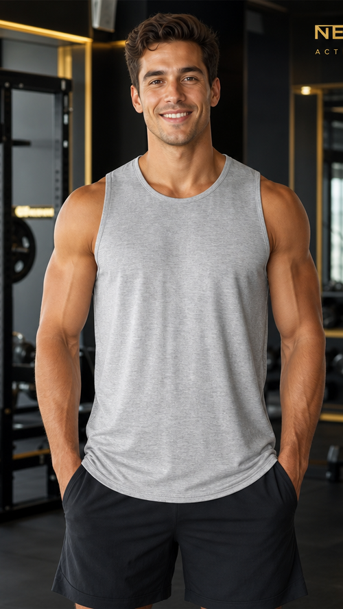Bamboo Aerotech Tank Top Made in the USA worn by fit model in gym setting.