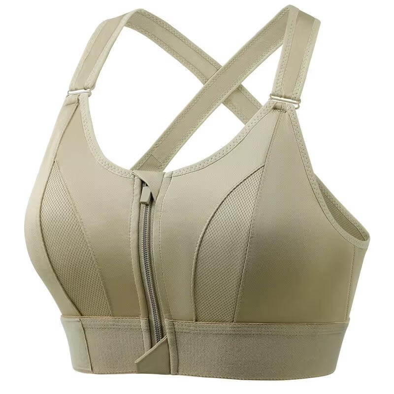 Front-Zip High-Impact Sports Bra – Adjustable Support for Active Women in beige with cross-back design.
