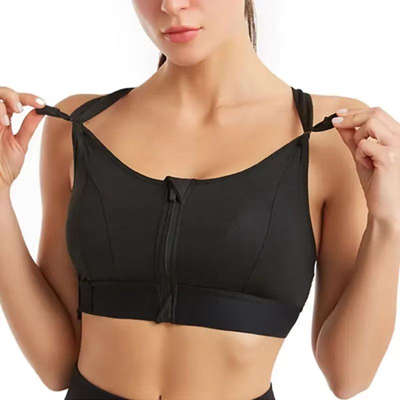 Front-Zip High-Impact Sports Bra – Adjustable Support for Active Women in black showing front zipper and adjustable straps.