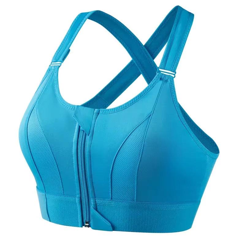 Front-Zip High-Impact Sports Bra – Adjustable Support for Active Women in bright blue color with front zipper design.