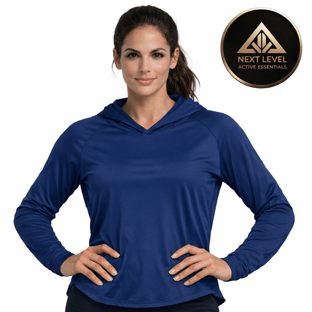 Women's Hooded Sun Protection Running Shirt – UPF Long Sleeve Athletic Top in navy blue worn by a woman with hood