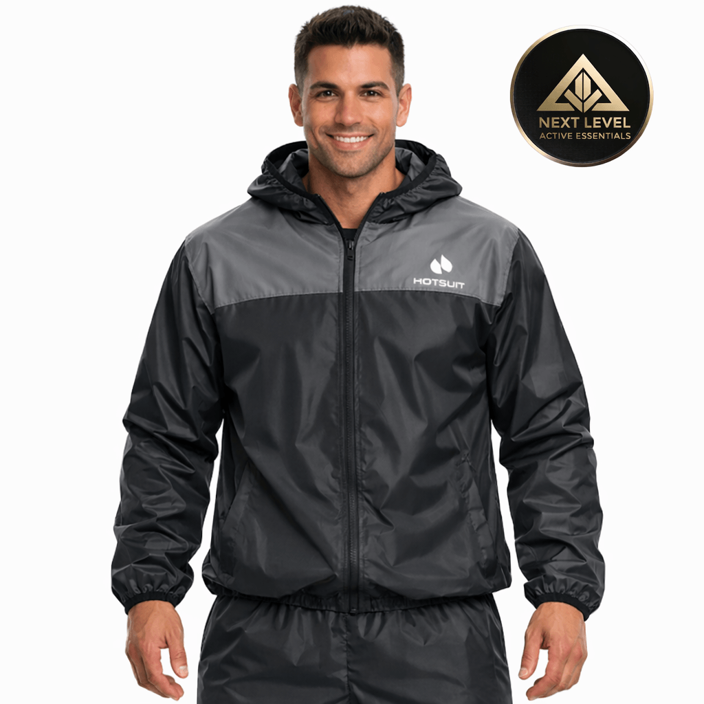 Men's Full Body Sauna Suit – Premium Sweat Suit for Gym & Cardio worn by a man, featuring a black and gray design.