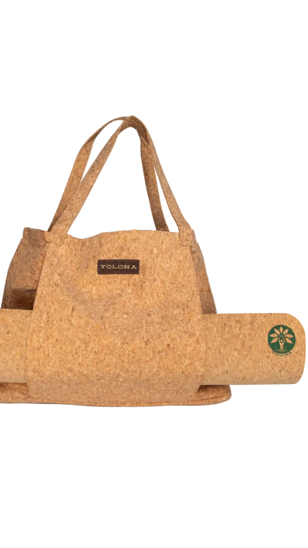 Freshly New Designed Cork Tote Bag with exterior yoga mat holder for versatile use.