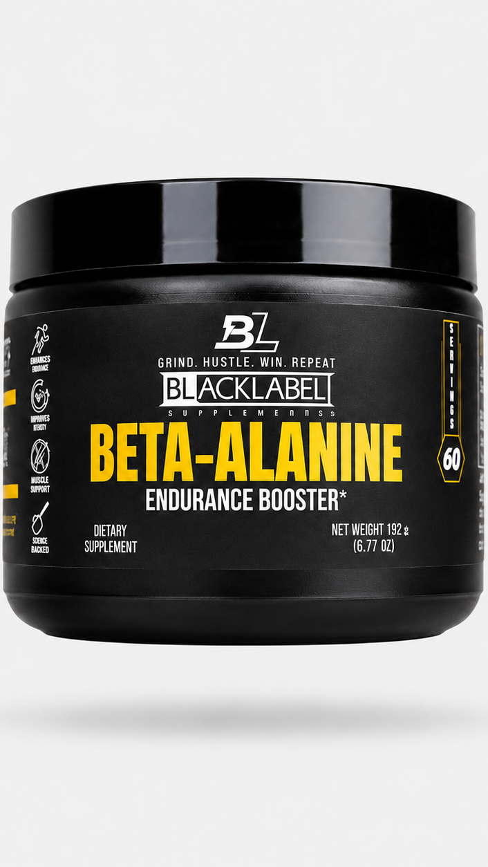 BETA ALANINE POWER FROM BLACKLABEL SUPPLEMENTS dietary supplement container showcasing endurance booster features.