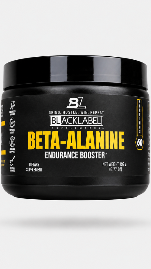 BETA ALANINE POWER FROM BLACKLABEL SUPPLEMENTS dietary supplement container showcasing endurance booster features.