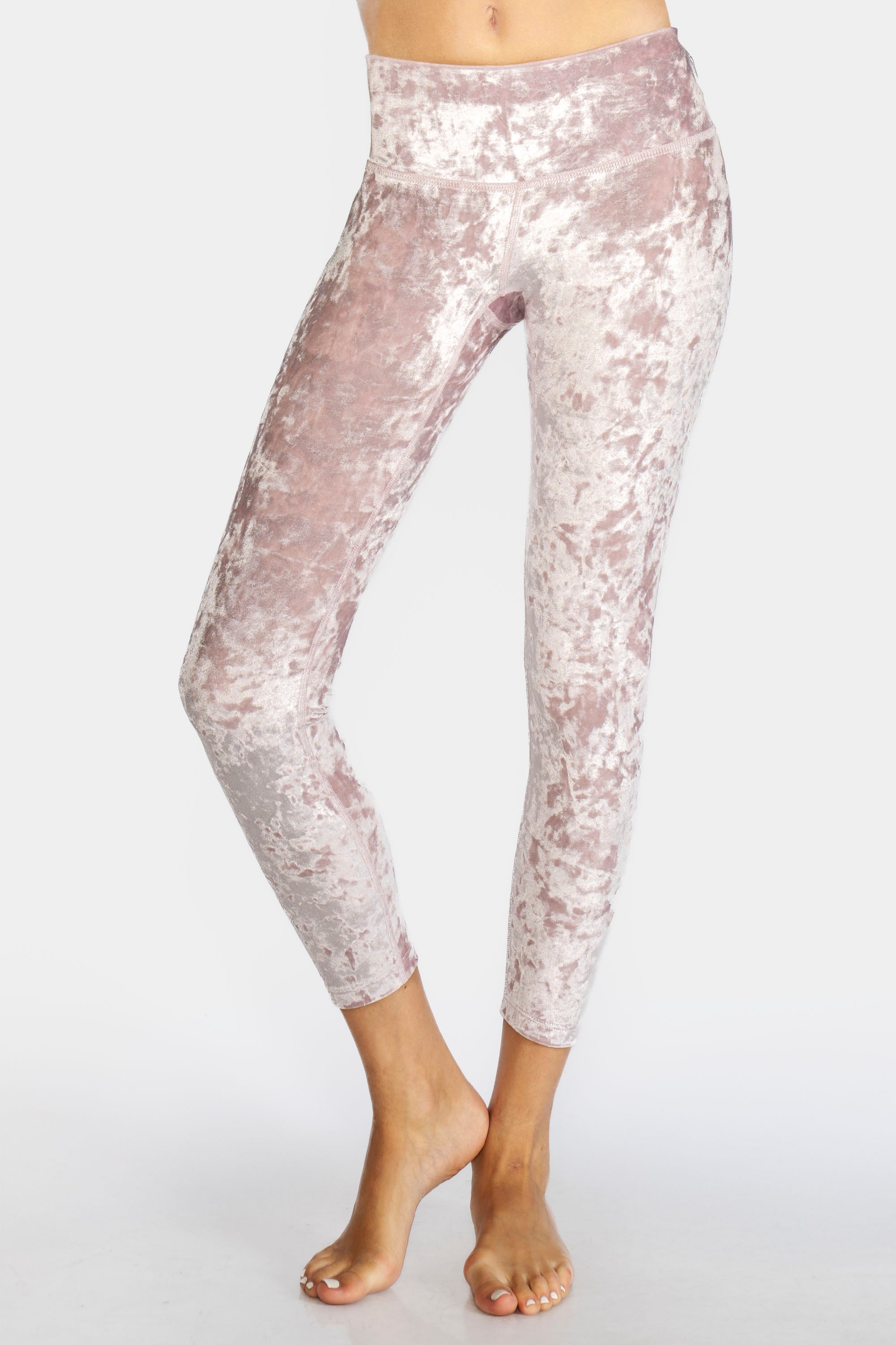 Velvet Cropped Leggings Made in USA in blush color, featuring high-rise fit and soft texture, perfect for stylish comfort.
