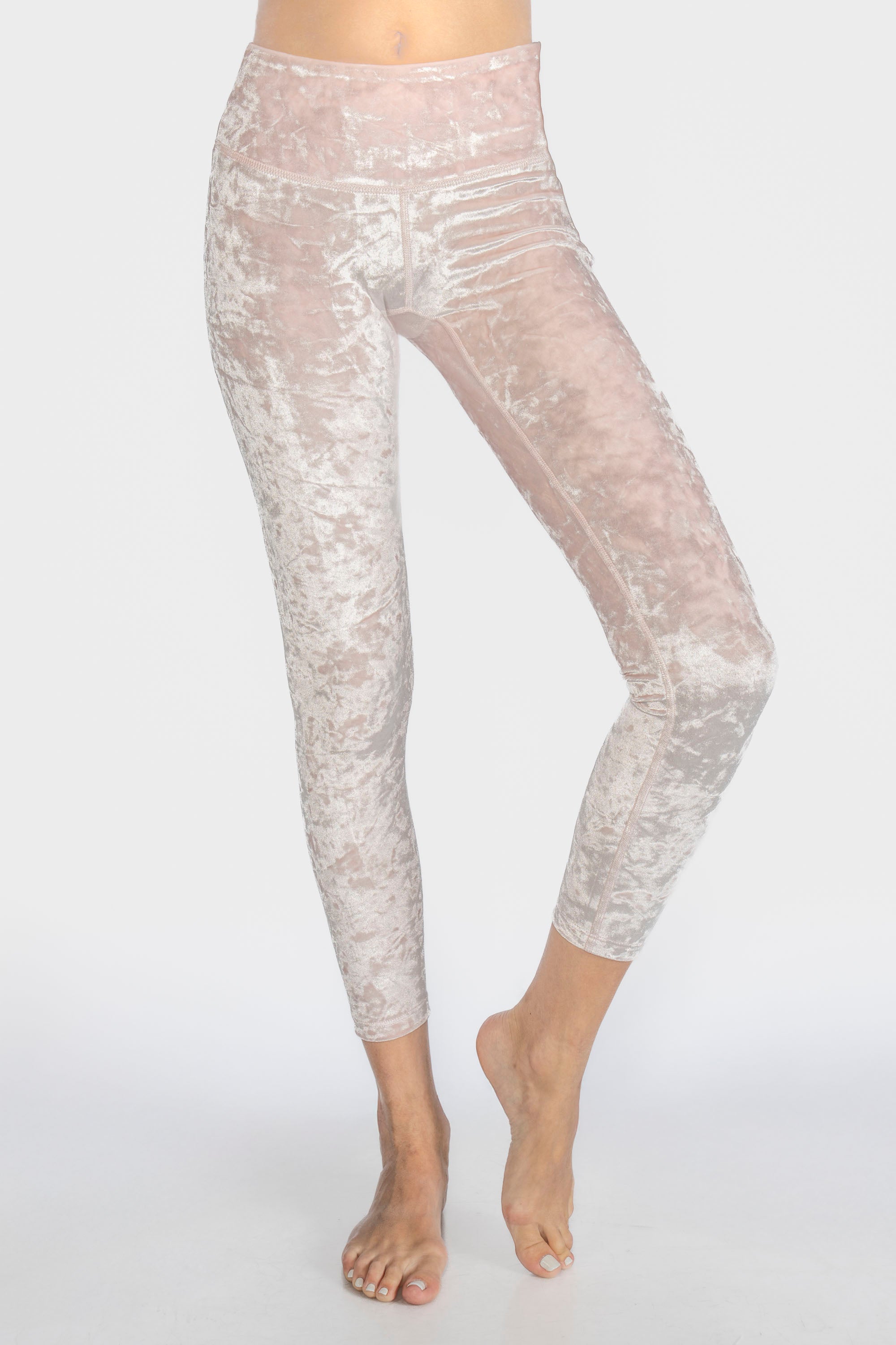 Velvet Cropped Leggings Made in USA in a soft light pink color, showcasing a high-rise and flattering fit.