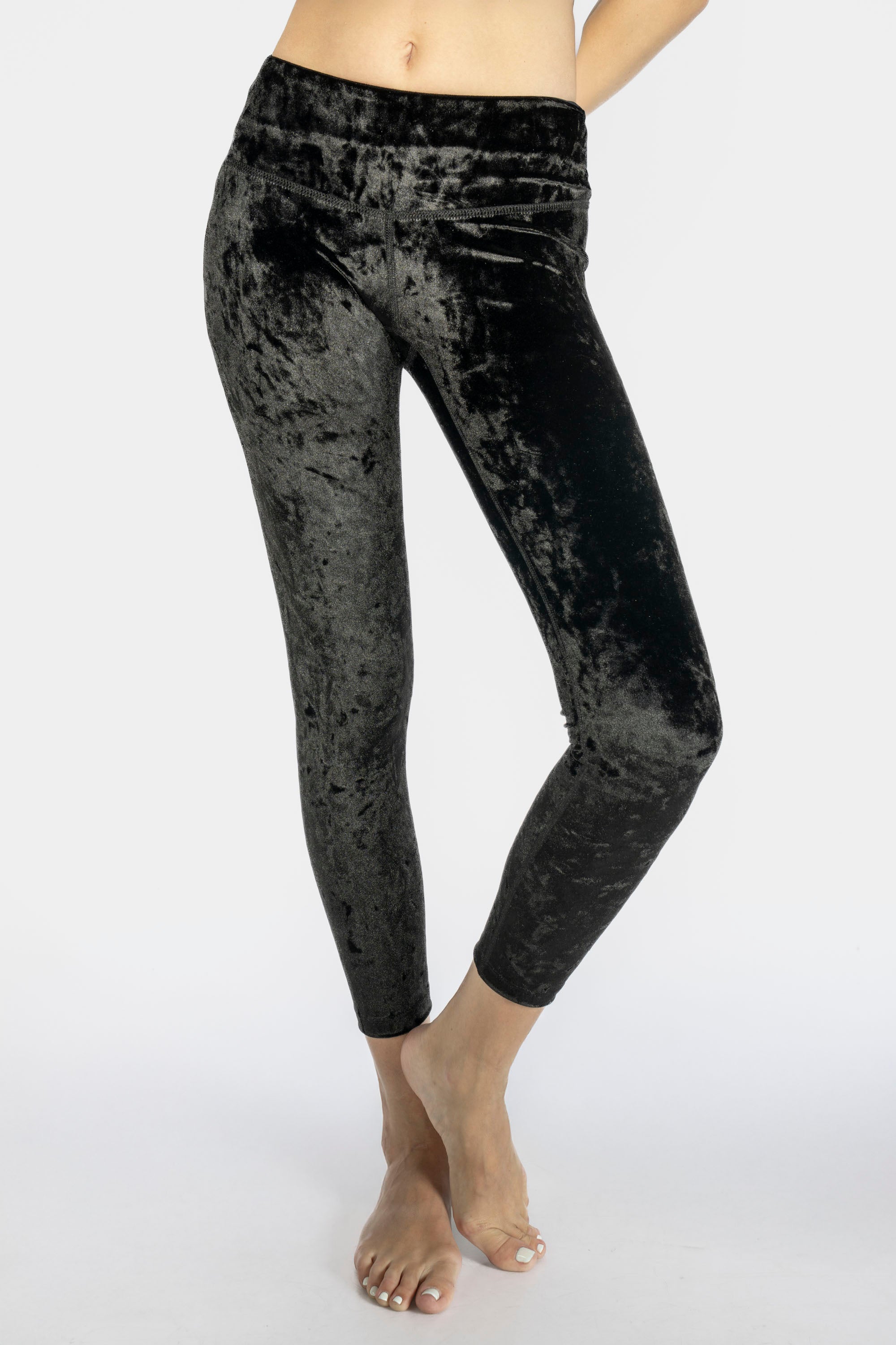 Velvet Cropped Leggings Made in USA in black, showcasing a sculpting high-rise fit for women.
