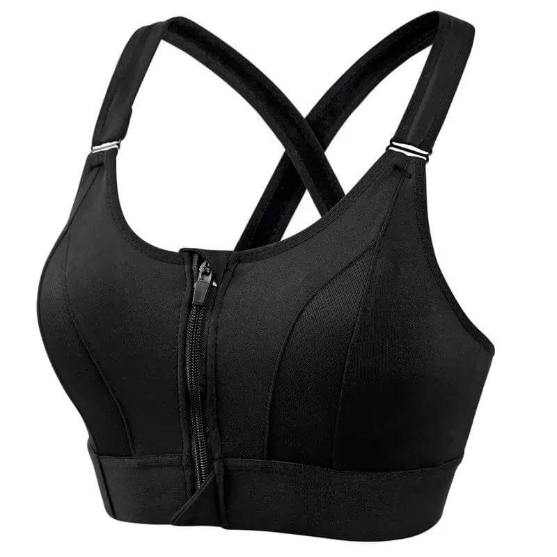 Front-Zip High-Impact Sports Bra – Adjustable Support for Active Women in black with front zipper and crossback straps.