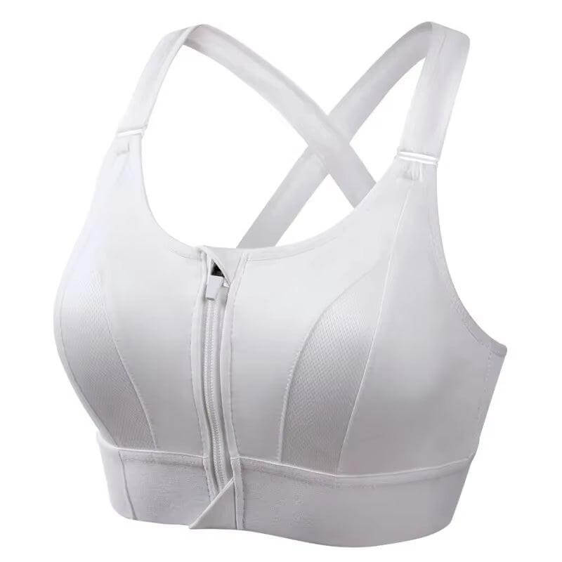 Front-Zip High-Impact Sports Bra – Adjustable Support for Active Women in white with a front zipper design.