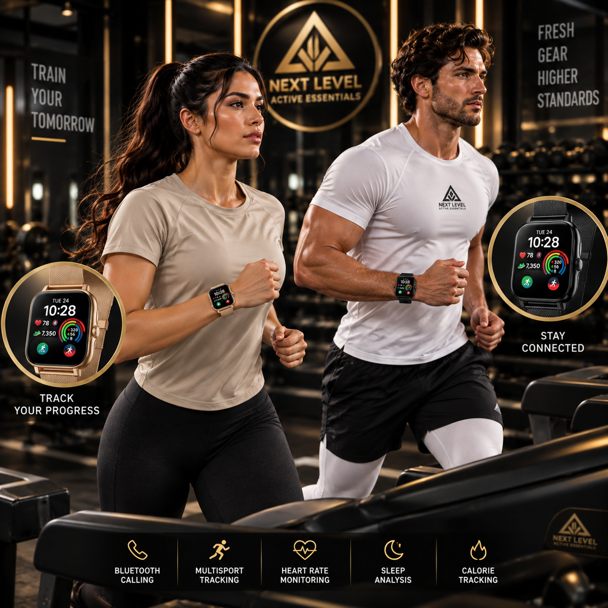 Fitness Smartwatch for Men and Women displayed on two individuals tracking fitness progress with Bluetooth connectivity.