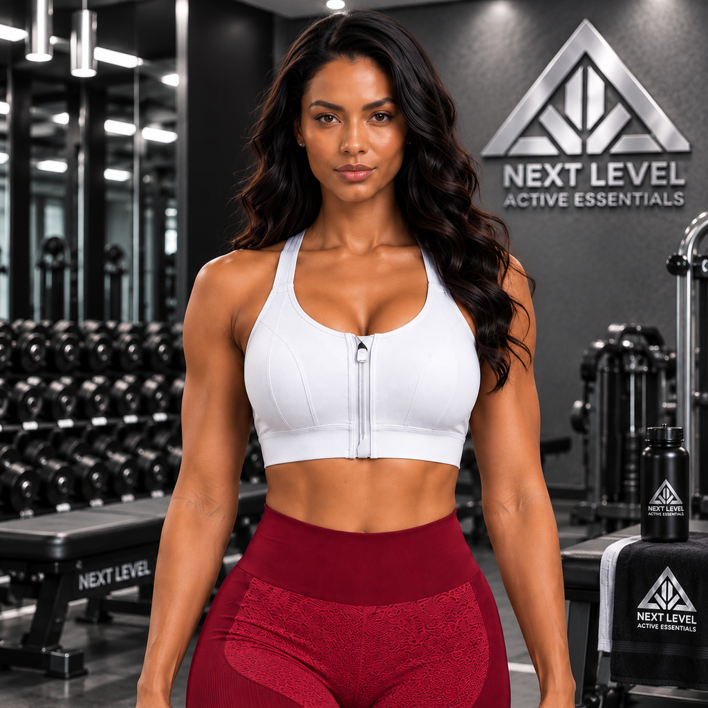 Front-Zip High-Impact Sports Bra worn by a woman in a gym setting, showcasing adjustable support and comfort for workouts.