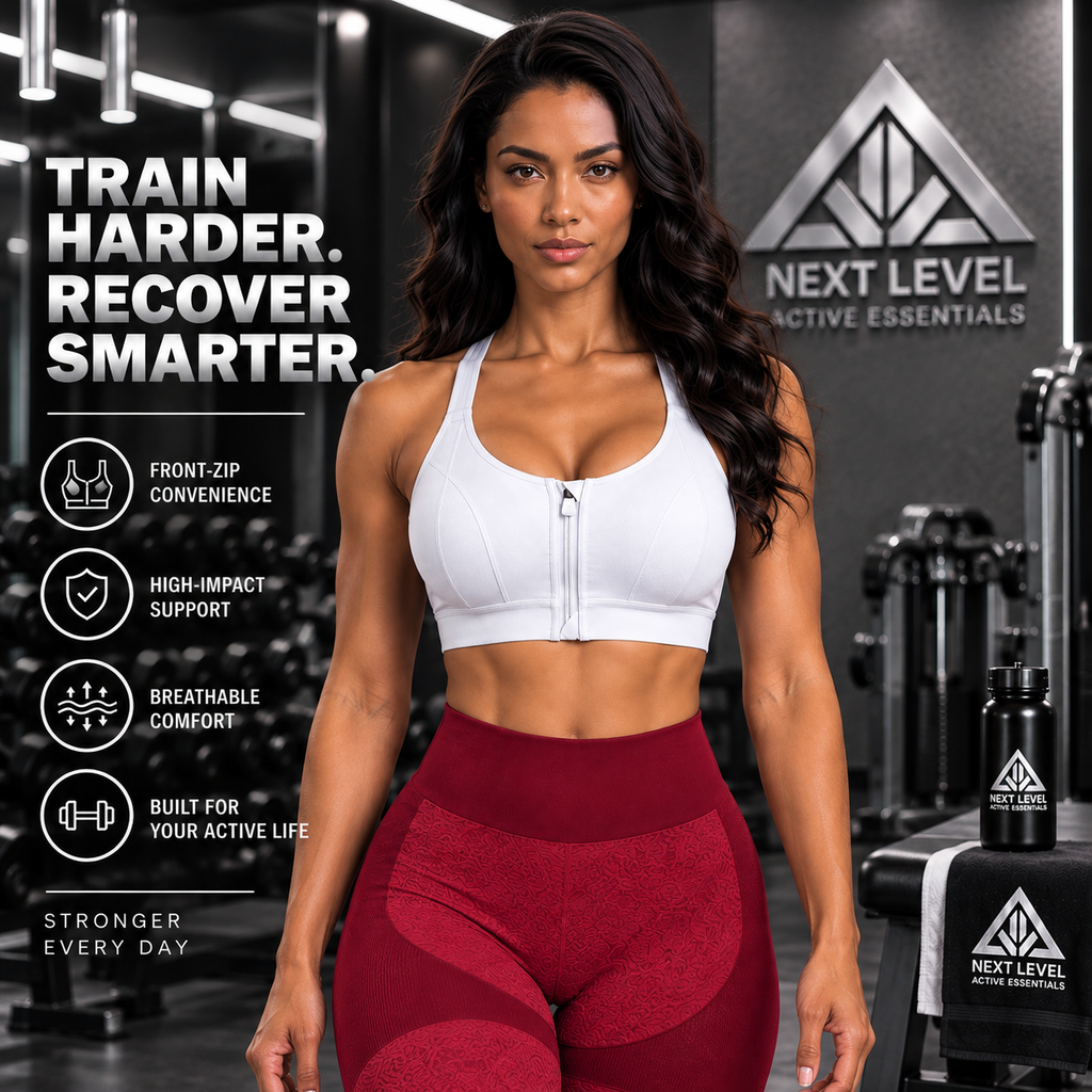 Front-Zip High-Impact Sports Bra worn by a model, showcasing adjustable support and breathable comfort for intense workouts.