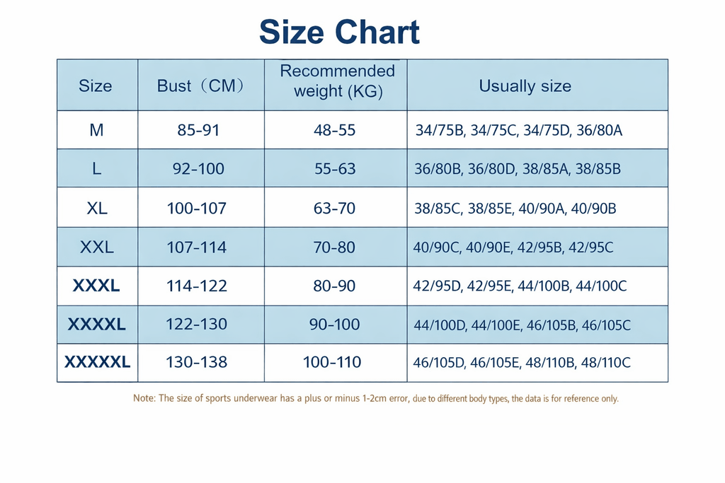Front-Zip High-Impact Sports Bra Size chart for sports underwear with bust, weight, and size information Version 2