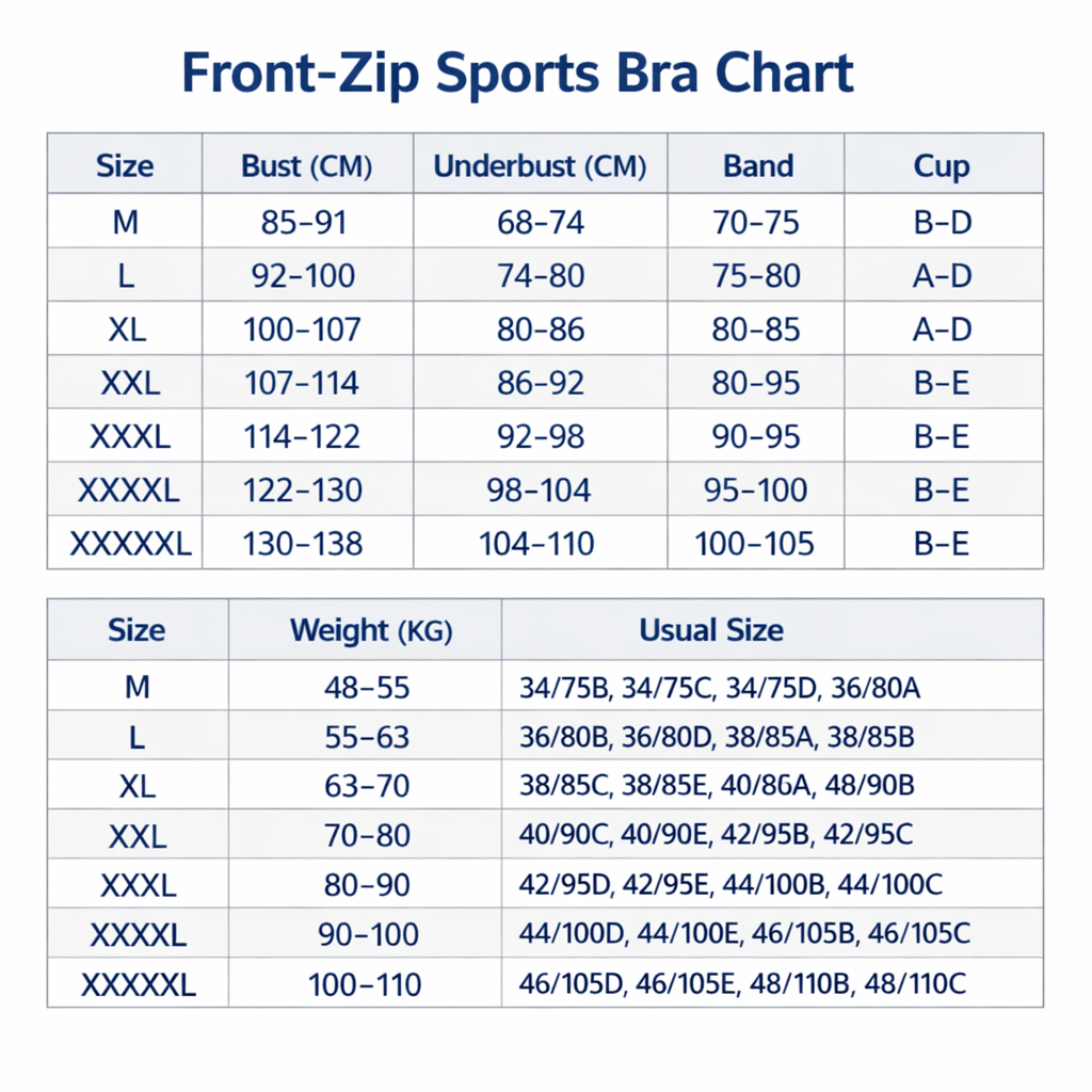 Front-Zip High-Impact Sports Bra Chart with size, bust, underbust, band, and cup measurements. New version