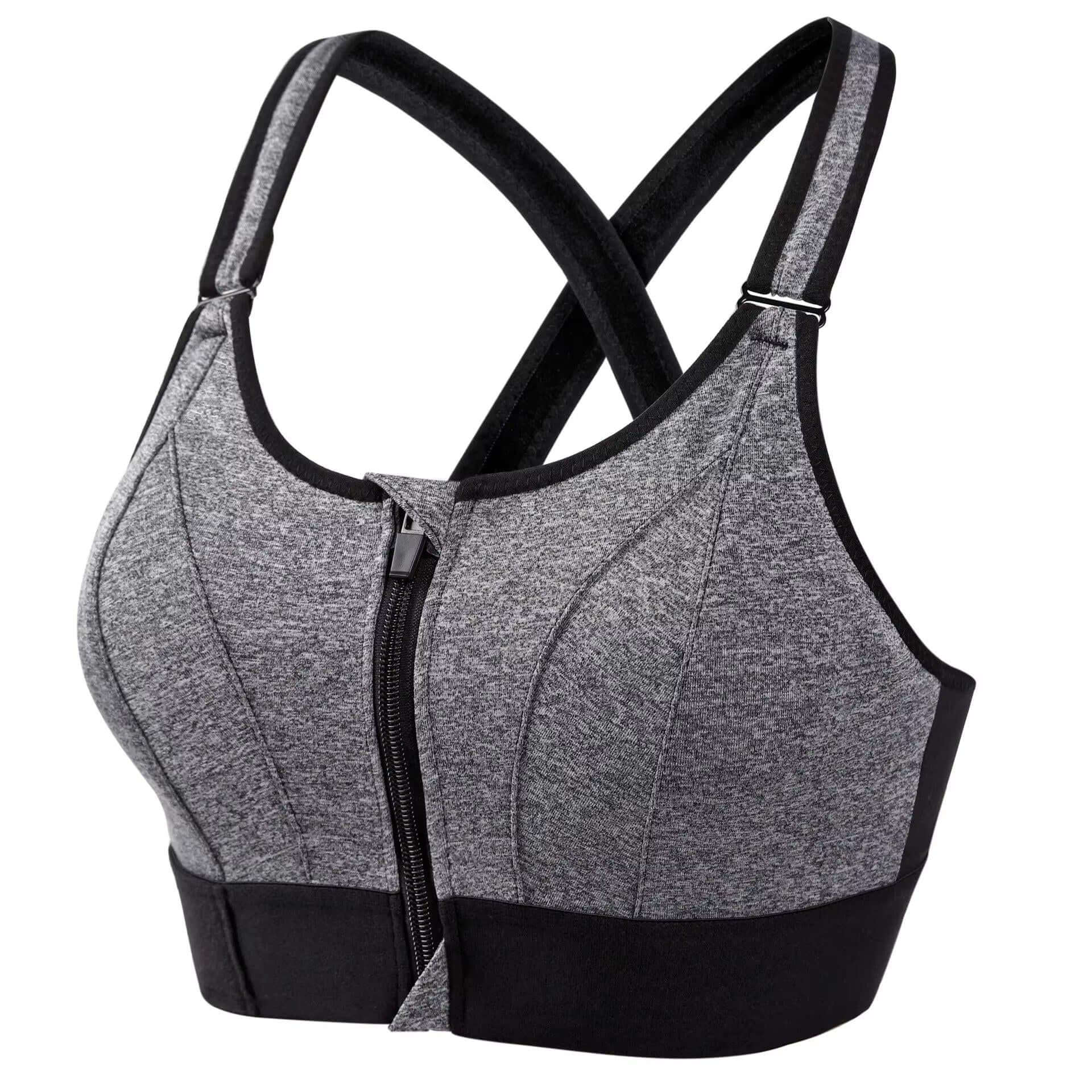 Front-Zip High-Impact Sports Bra – Adjustable Support for Active Women in grey with front zipper closure.