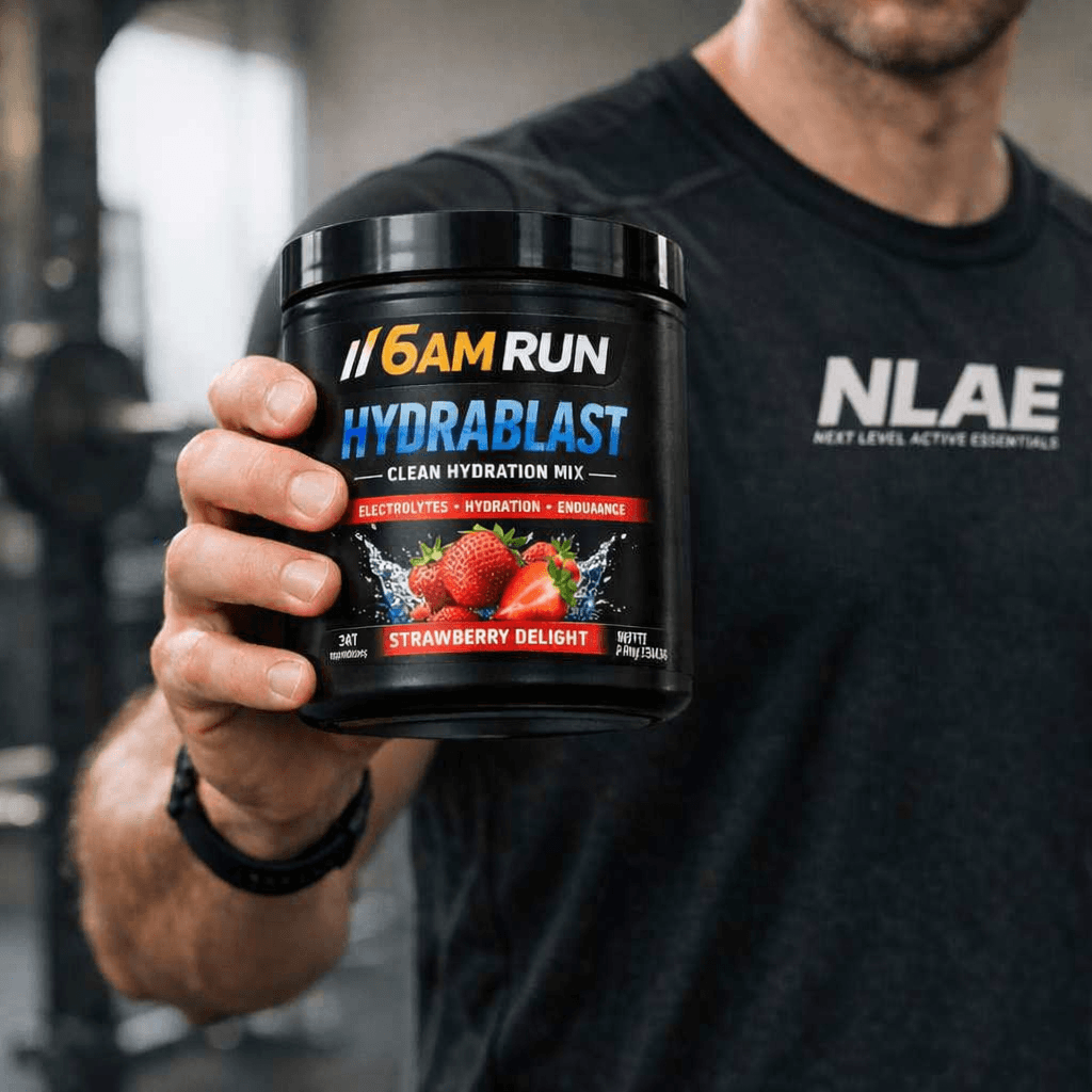 Athlete wearing black NLAE shirt holding 6AM RUN HYDRABLAST hydration mix inside a gym.