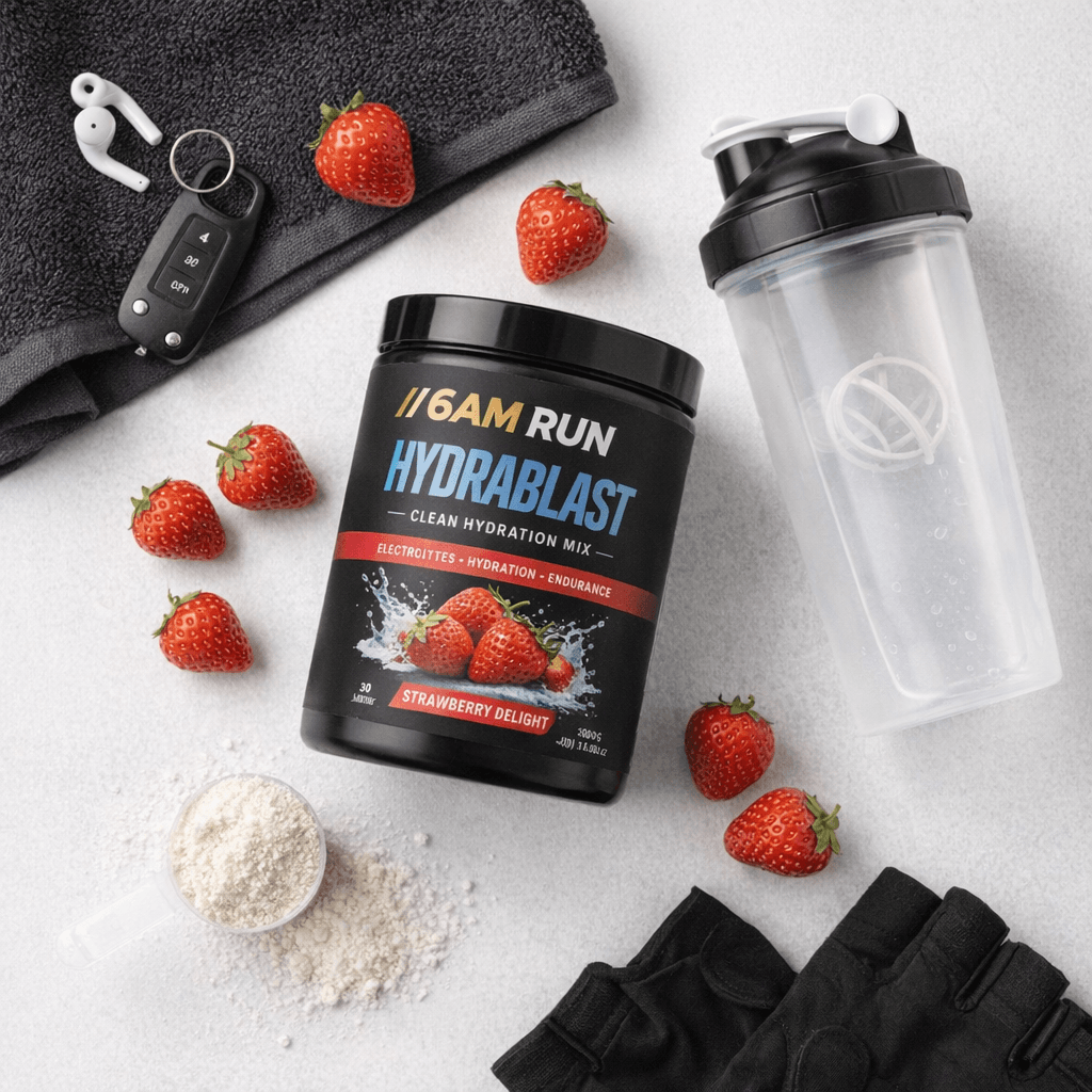 6AM RUN HYDRABLAST hydration mix powder being poured into a clear shaker bottle with visible motion.