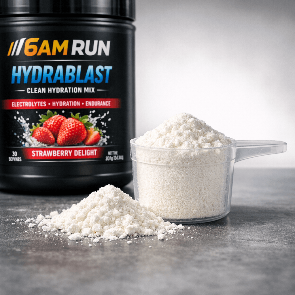 Close‑up of 6AM RUN HYDRABLAST powder with a full scoop beside the black hydration mix container.