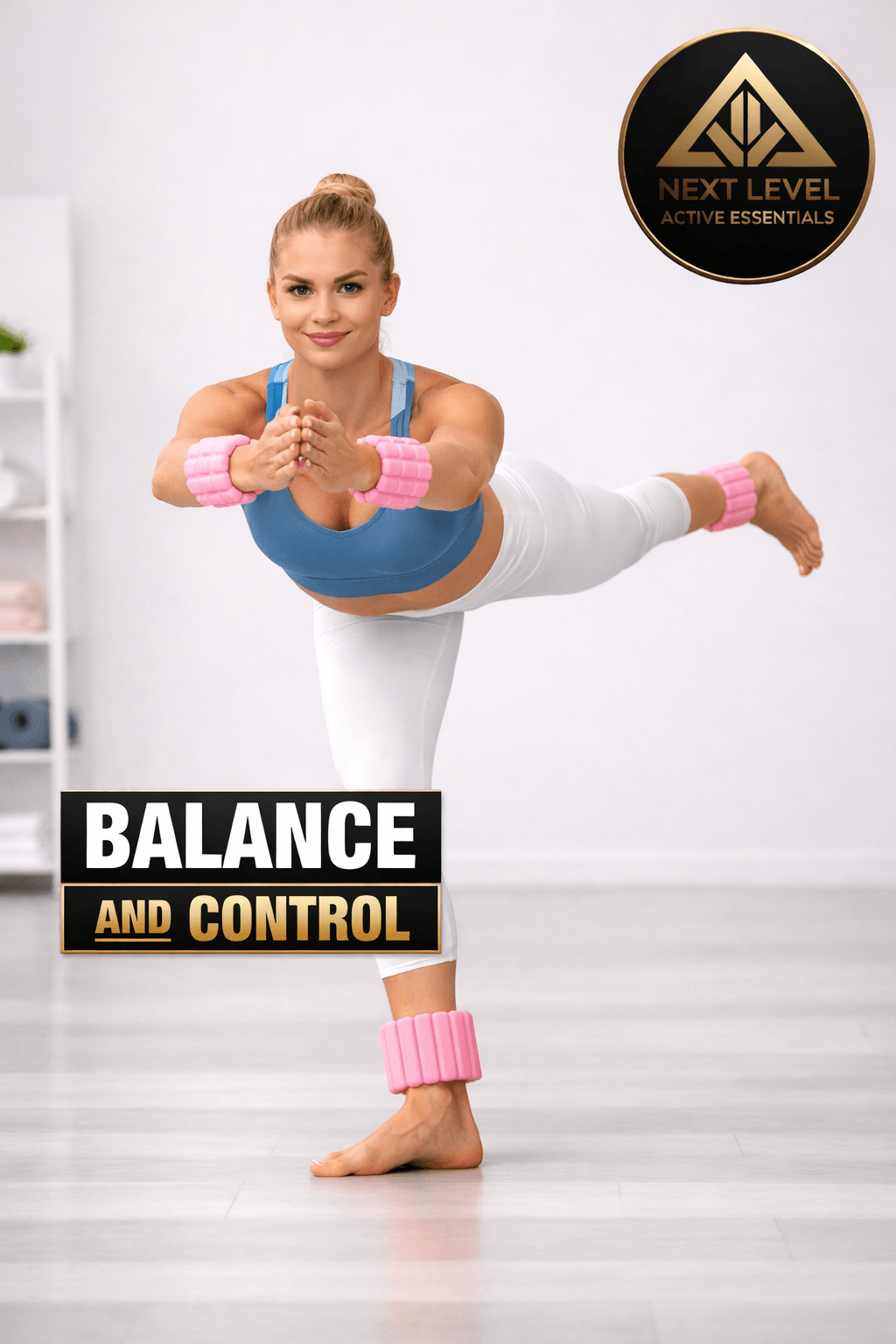 Magnetic Wrist & Ankle Weights 1kg 2.2 lbs. being use by a woman performing a yoga pose with 'Next Level Active Essentials' branding and 'Balance and Control' text.