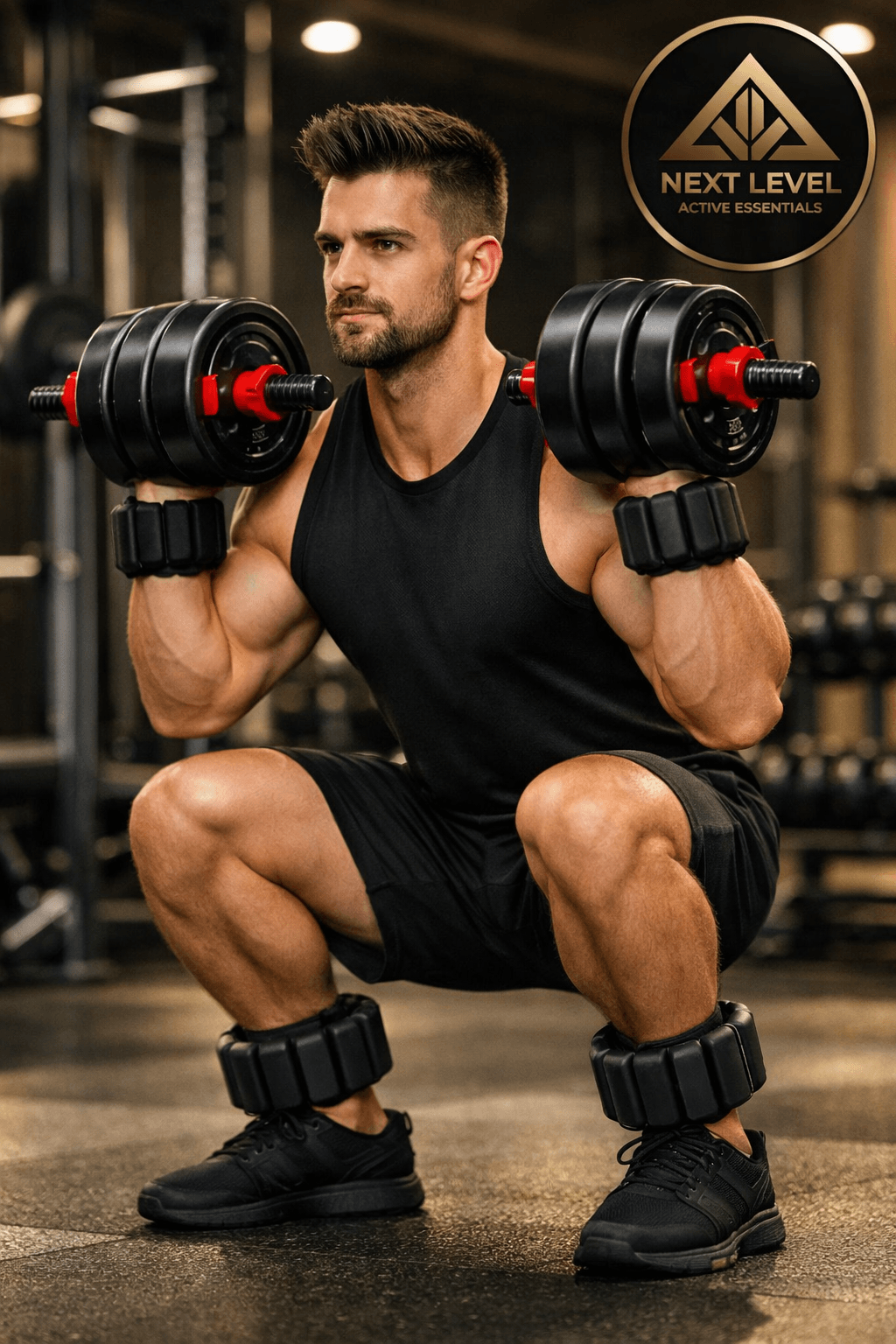 Magnetic Wrist & Ankle Weights 1kg 2.2 lbs. being use by a Man lifting dumbbells in a gym setting with 'Next Level Active Essentials' branding.