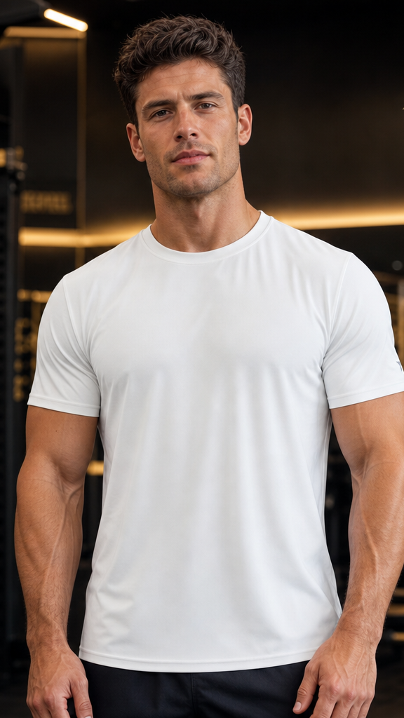 Master Athletics Men's Elite Performance Stretch Crew - UPF 50+ model wearing white athletic shirt