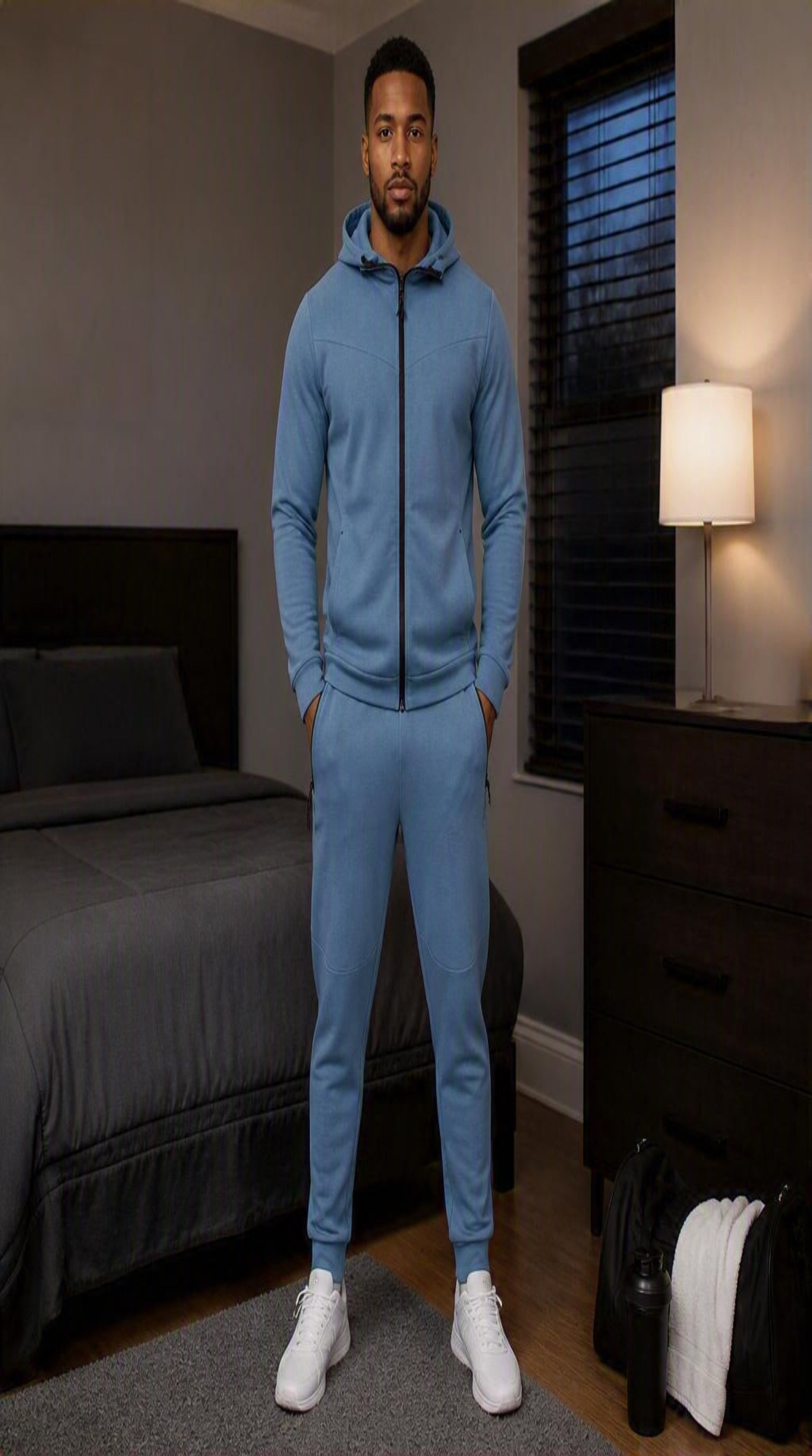 Men's Pro-Motion UltraTech Fleece Set in blue, featuring a hoodie and joggers, showcased in a bedroom setting.