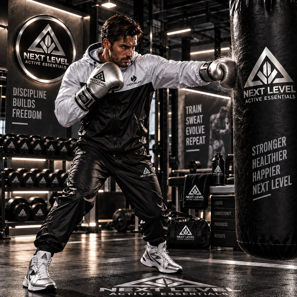 Athlete wearing Men's Sauna Suit Set, training with boxing gloves at a gym, focused on high-intensity workout.