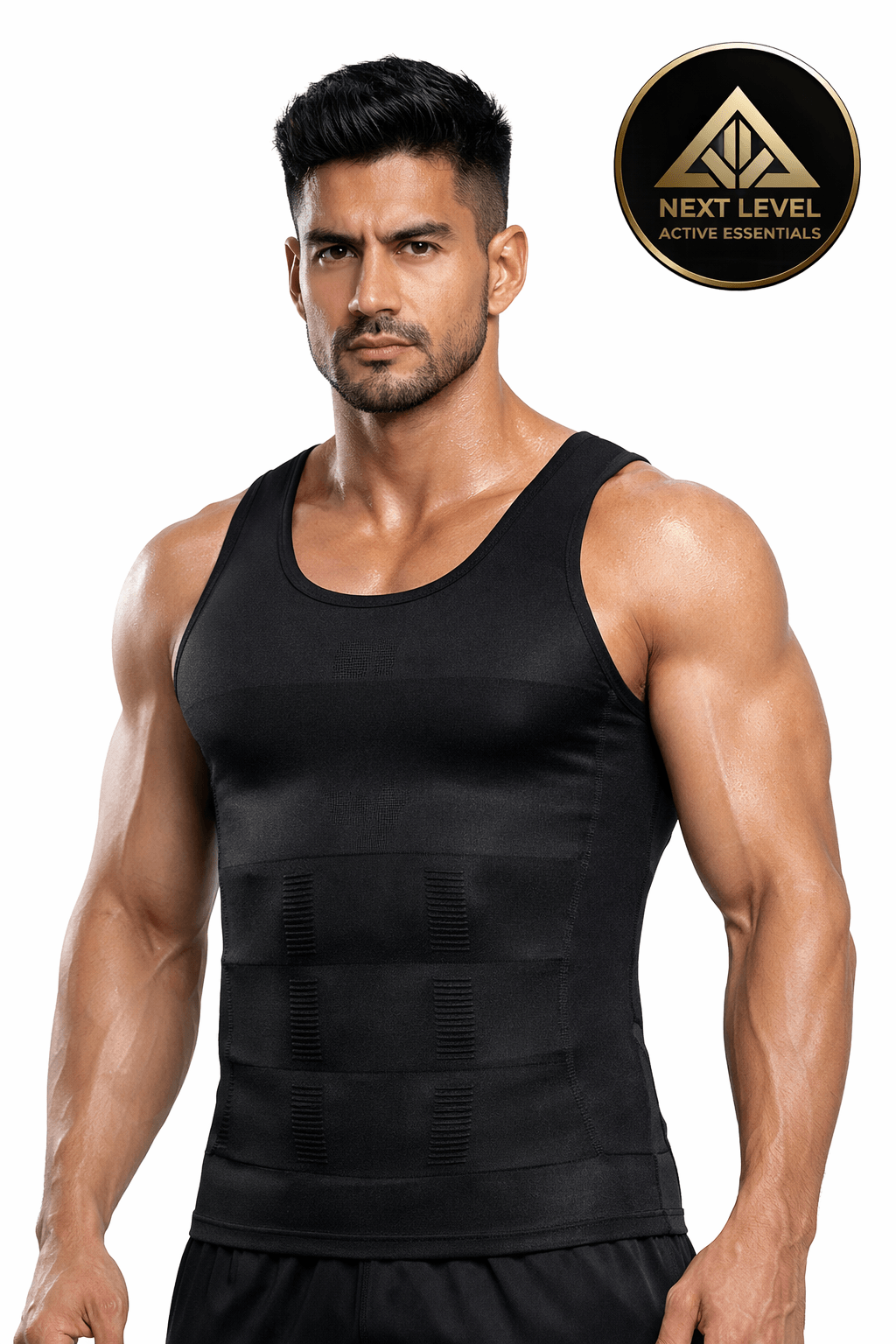 Men’s Slimming Compression Vest Male athlete wearing a black compression vest with 'Next Level' branding on a white background