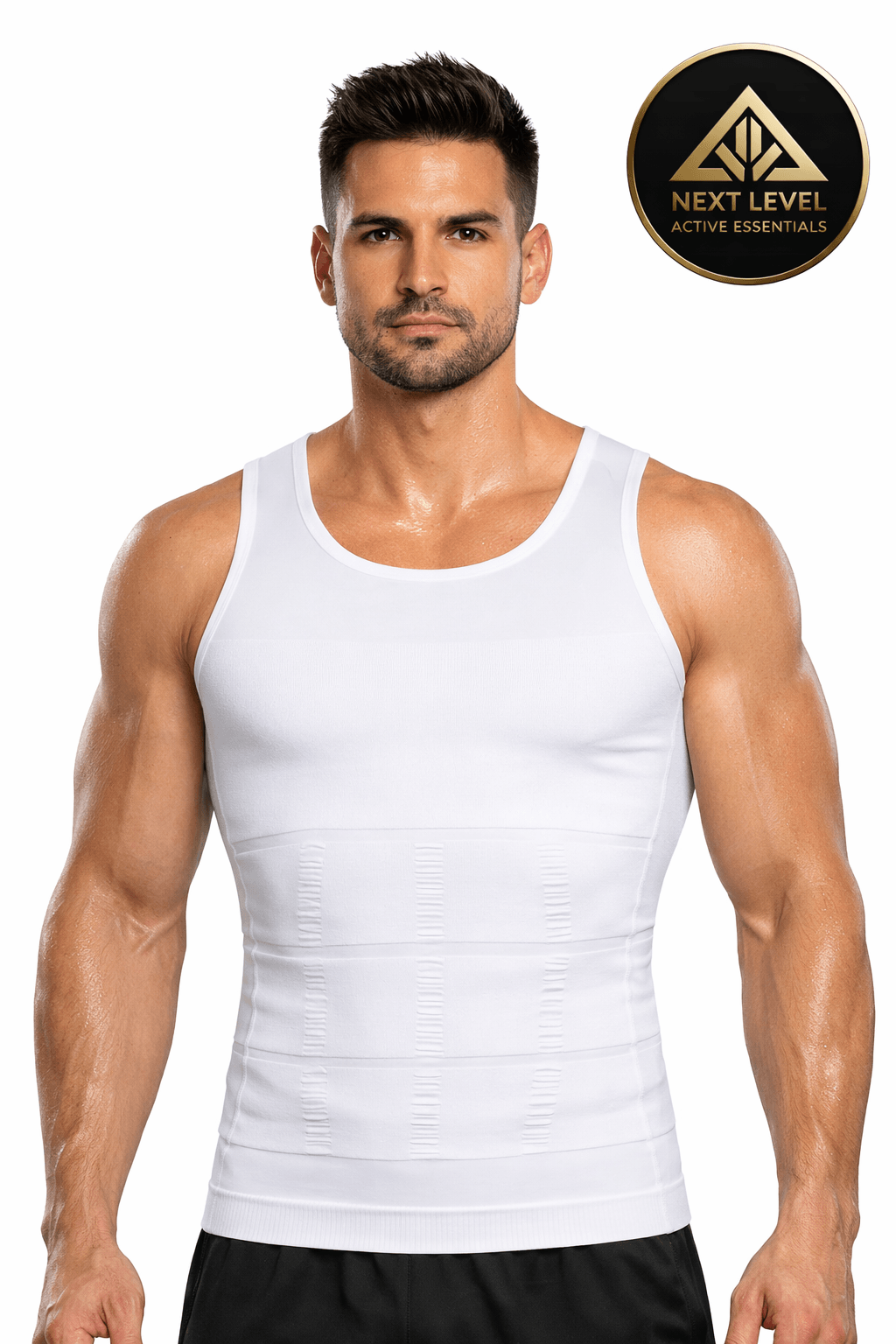 Men’s Slimming Compression Vest Man wearing a white Slimming Compression Vest with Next Level Active Essentials logo in the corner.