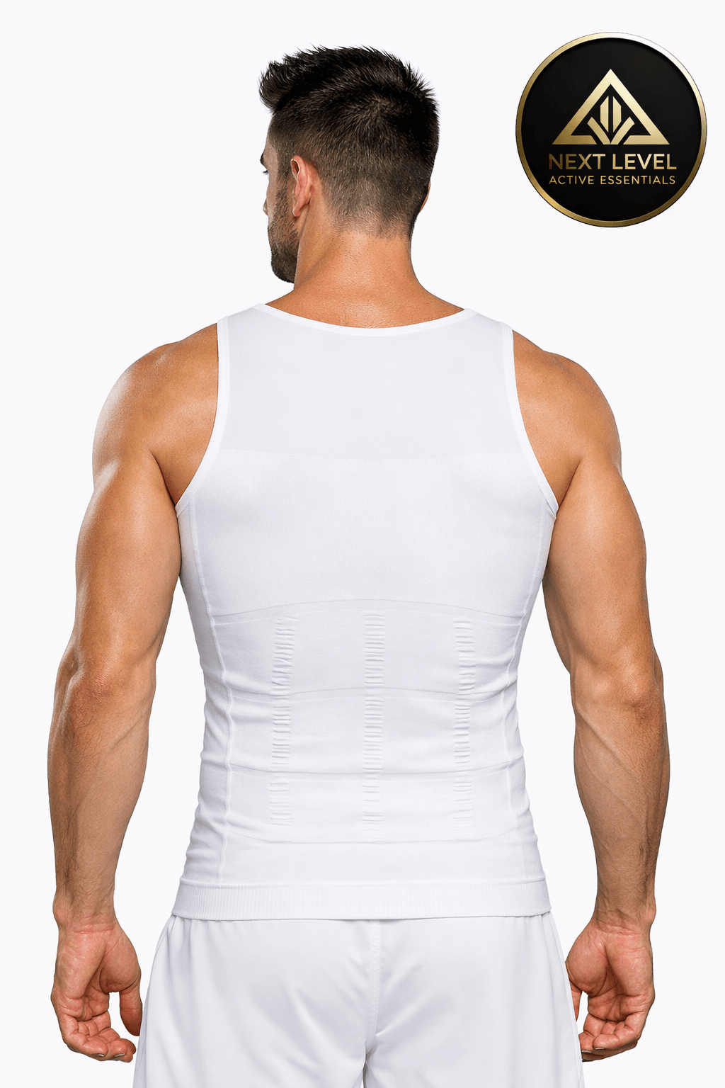 Men’s Slimming Compression Vest Man wearing a white Compression Vest with 'Next Level Active Essentials' logo.