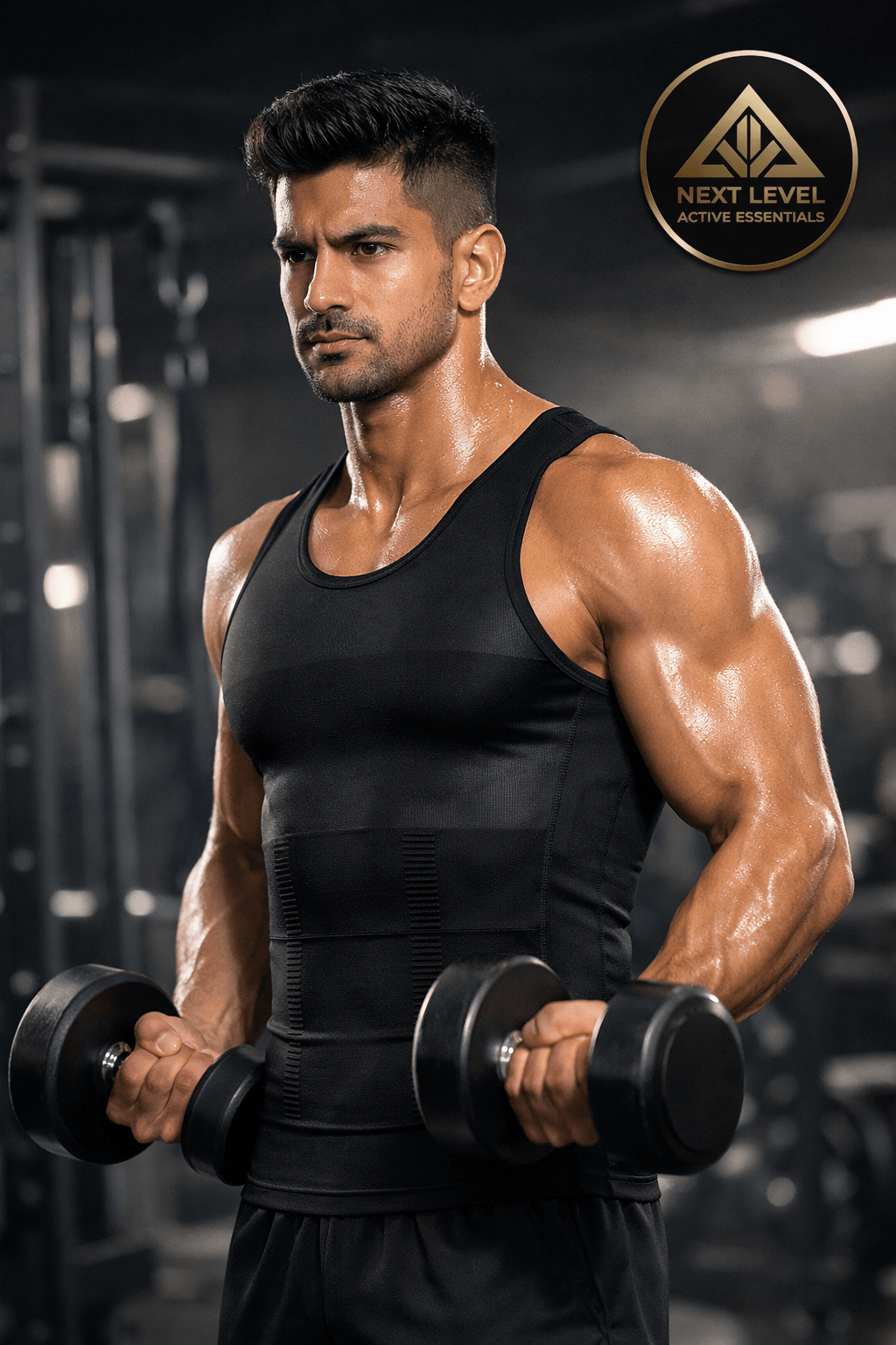 Men’s Slimming Compression Vest Muscular man wearing a black Slimming Compression Vest holding dumbbells in a gym setting with 'Next Level Active Essentials' logo.