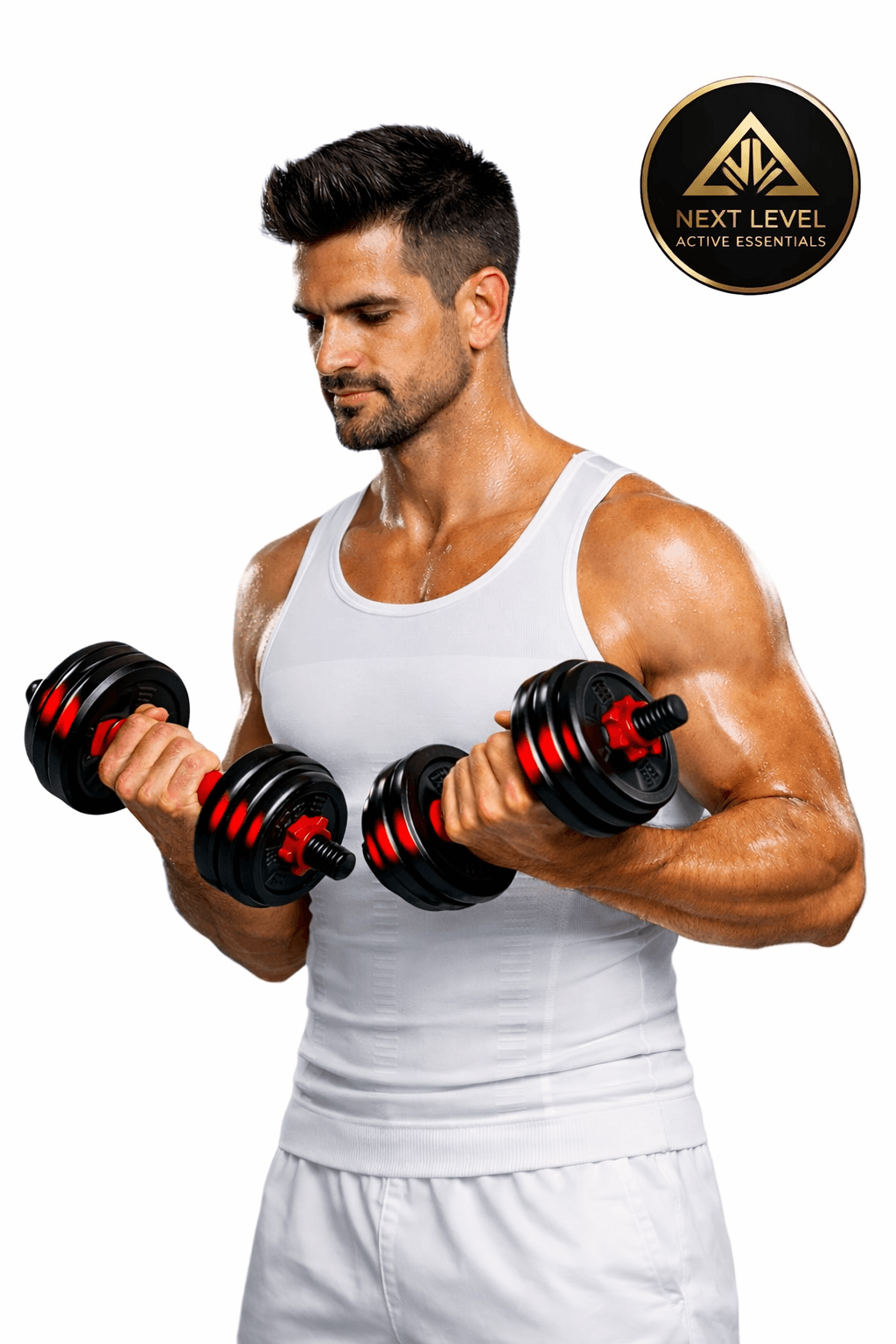 Men’s Slimming Compression Vest 5-44 lbs. Adjustable Dumbbell to Barbell Set being use by a Male Athlete