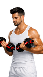 Men’s Slimming Compression Vest 5-44 lbs. Adjustable Dumbbell to Barbell Set being use by a Male Athlete