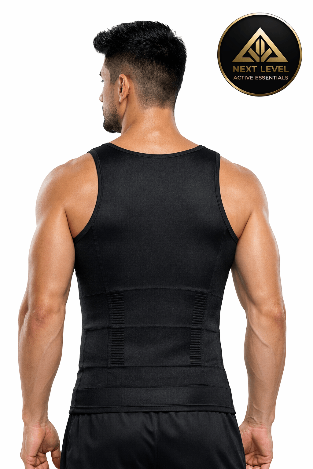 Men’s Slimming Compression Vest Man wearing a black Compression Vest with 'Next Level' branding on a white background