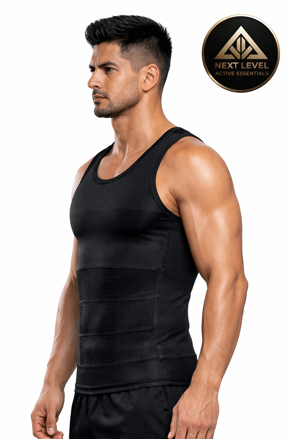 Men’s Slimming Compression Vest Man wearing a black Compression Vest, showing a side view with 'Next Level' branding on a white background