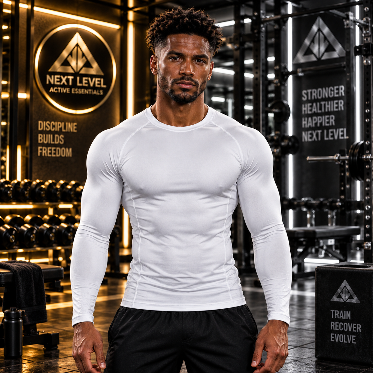 Men's UPF 50 long sleeve compression rash guard worn by a fit man in a gym setting with weights.