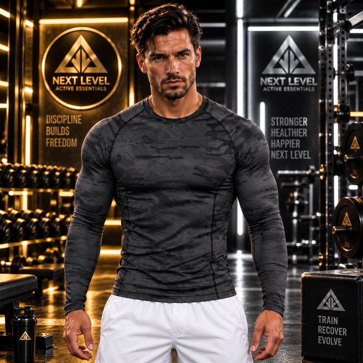 Men's UPF 50 long sleeve compression rash guard worn by a muscular man in a gym setting.