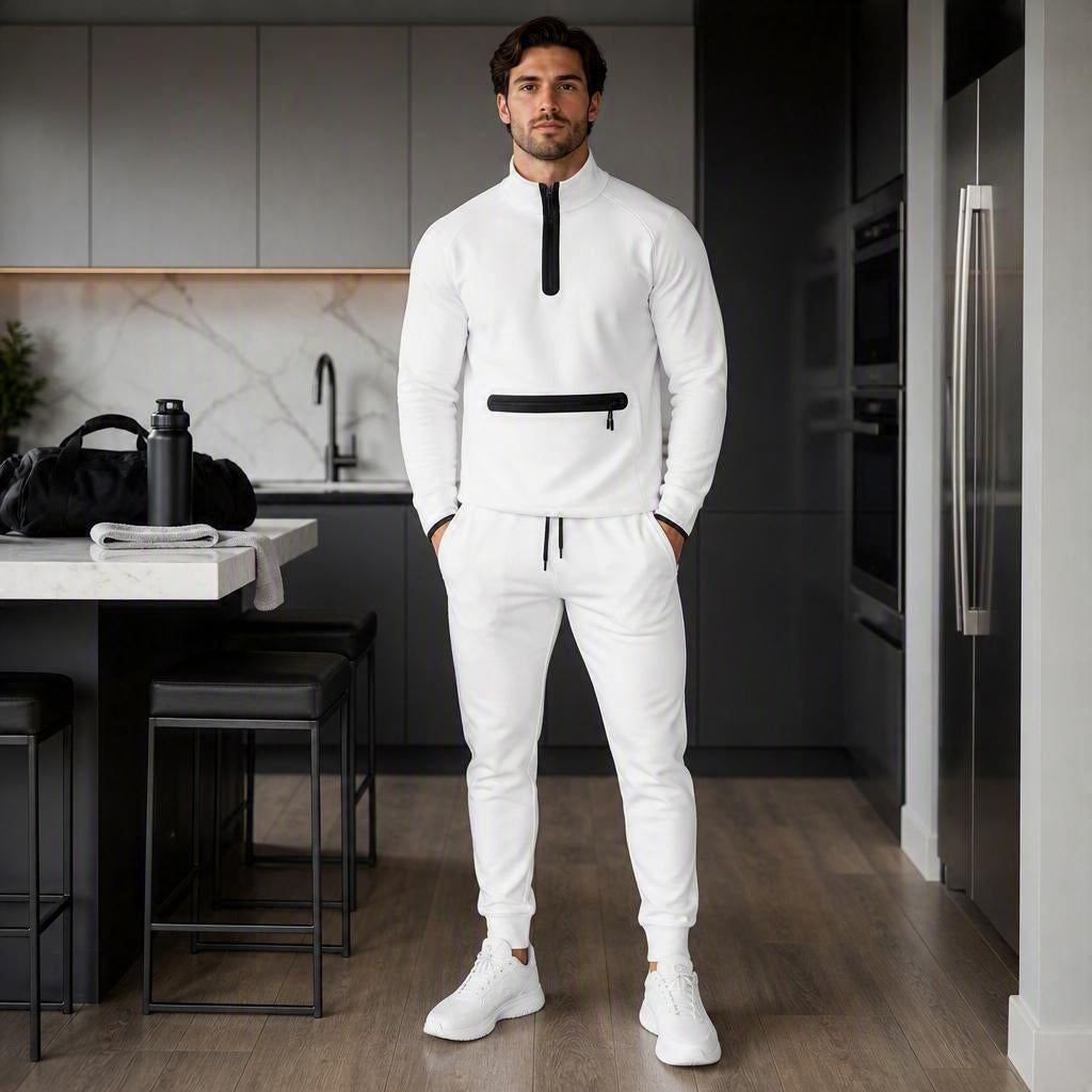 Men's Versa UltraTech Fleece Set modeled in a modern kitchen, showcasing comfort and style for casual wear.