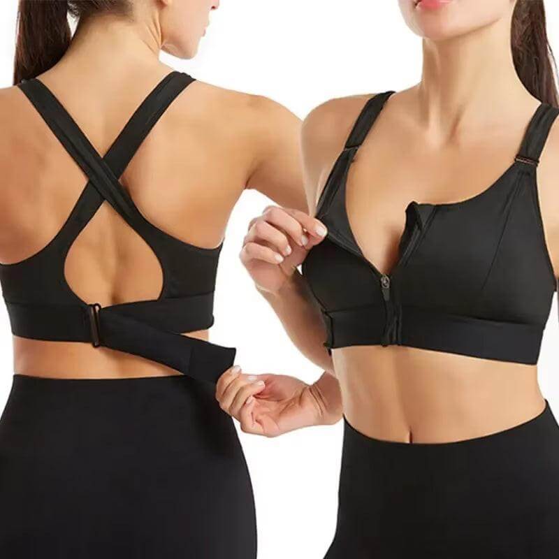 Front-Zip High-Impact Sports Bra – Adjustable Support for Active Women, showcasing its front zipper and adjustable features.