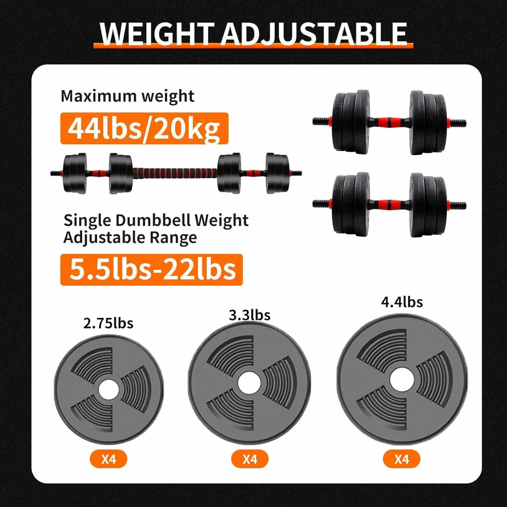 5-44 lbs. Adjustable Dumbbell to Barbell Set: Weight-adjustable dumbbell set with weight capacity and component details on a black background.