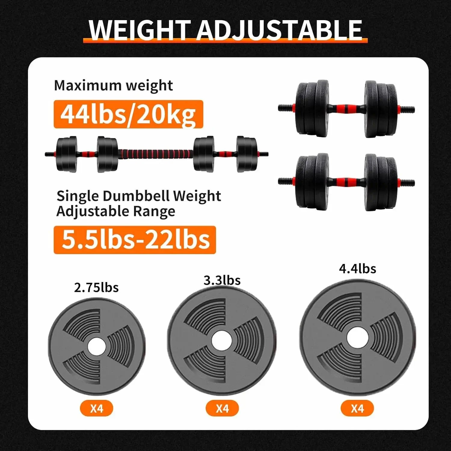 5-44 lbs. Adjustable Dumbbell to Barbell Set: Weight-adjustable dumbbell set with weight capacity and component details on a black background.