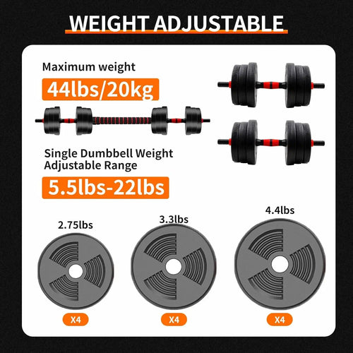 5-44 lbs. Adjustable Dumbbell to Barbell Set: Weight-adjustable dumbbell set with weight capacity and component details on a black background.