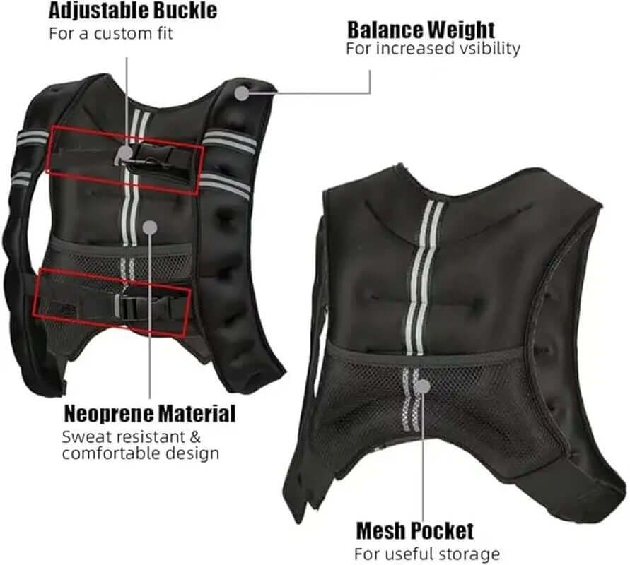 Adjustable Weighted Training Vest for Running & Strength for Men & Women – Adjustable Load Training Vest for Running & Strength features an adjustable buckle, neoprene material, and a mesh pocket.