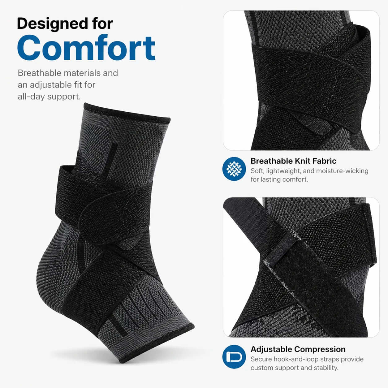 Ankle Support Brace with Adjustable Wrap   image displaying the Design, Comfort, Materials, and all the features and benefits of the adjustable compression