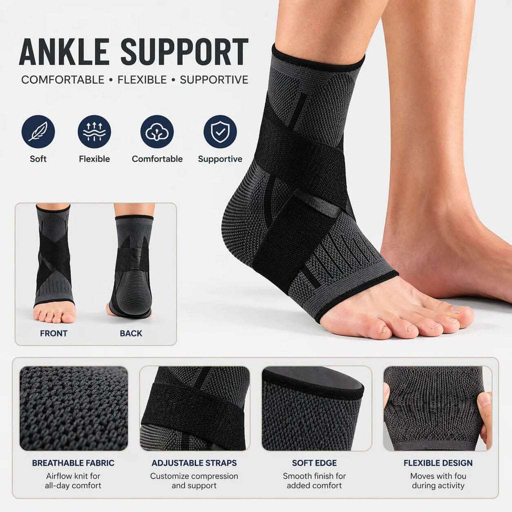 Ankle Support Brace with Adjustable Wrap image showing how soft, flexible, comfortable, and supportive this Ankle Support Brace is